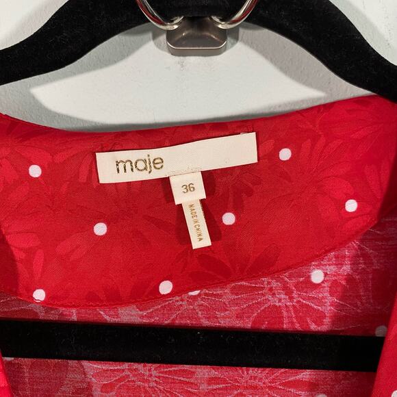 Maje Women's Red Polka Dot Textured Floral Tie Front Cutout Midi Dress Size 36 - Picture 5 of 9